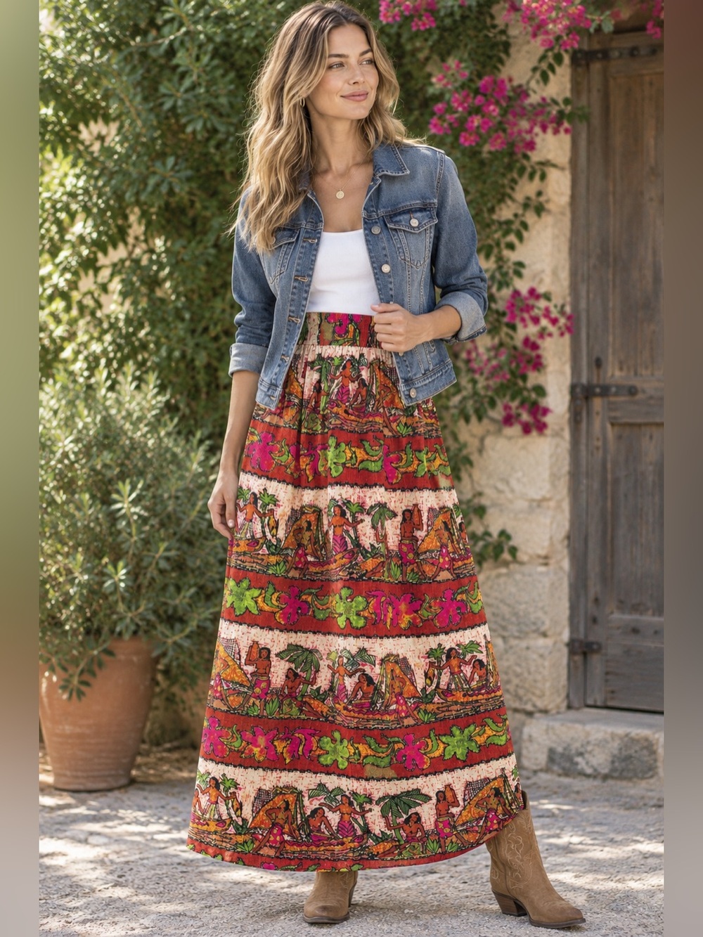 Vintage Maxi Skirt High Waisted Hawaiian Print Cotton Bark Cloth Large